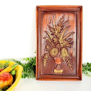 VTG 1970s MCM Burwood Ceramic Mums & Daisies Faux Wood Wall Plaque